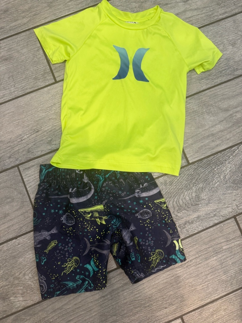 Hurley Neon Yellow Rash Guard with Navy Ocean Print Swim Shorts